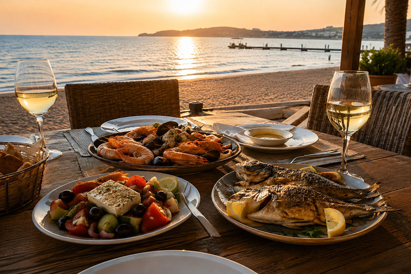 Fresh fish, seafood and salad served at a beachfront restaurant in Golem, Albania.
