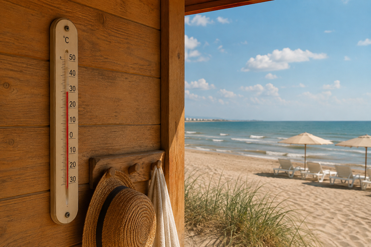 Traditional thermometer beside wooden loungers and reed parasols on Golem Beach, Albania.