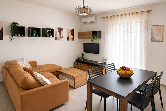 Obývací pokoj apartmánu Pushim s jídelním stolem a balkonem