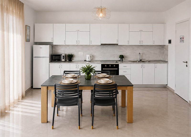 Plně vybavená kuchyň apartmánu Pushim v Golemu s výhledem na moře.