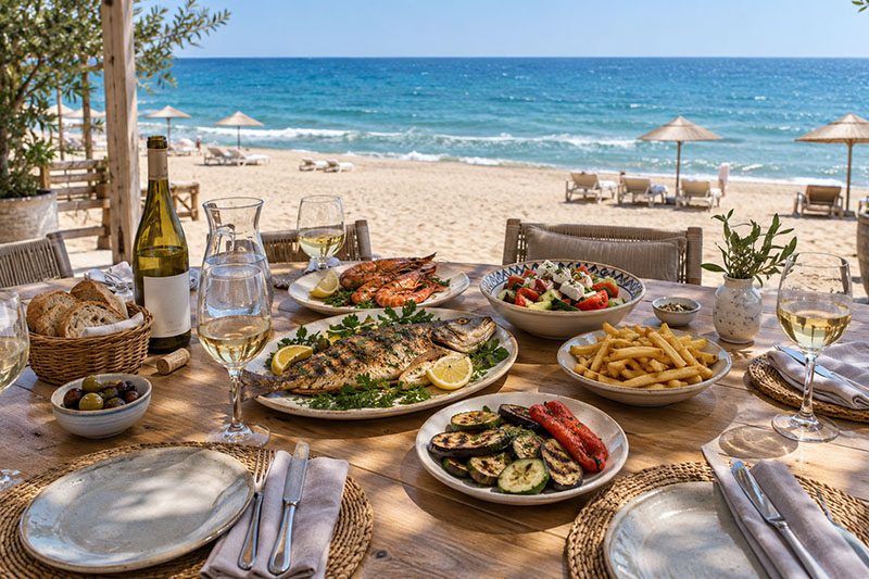Fish, seafood and wine on a table overlooking a sandy beach in Golem.