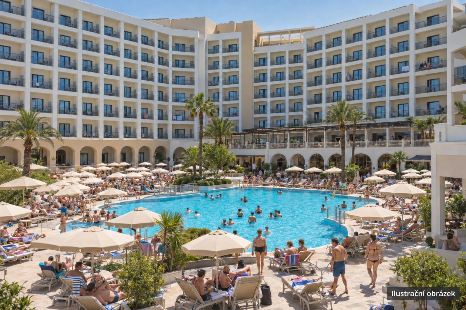 Large hotel with a swimming pool and occupied sun loungers