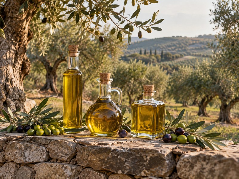 Three bottles of Albanian olive oil with fresh olives on a stone wall in an olive grove.