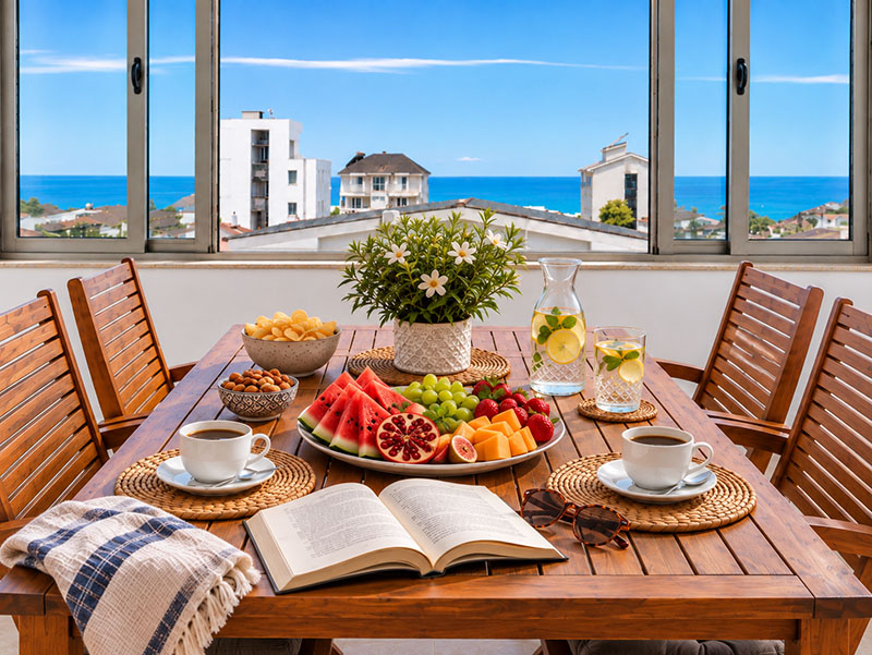 Coffee and refreshments on the sea-view terrace at Rehati Apartment in Golem, Albania.