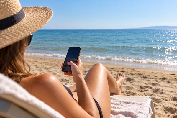 Cestovatelka používající mobilní telefon při odpočinku na pláži v Albánii